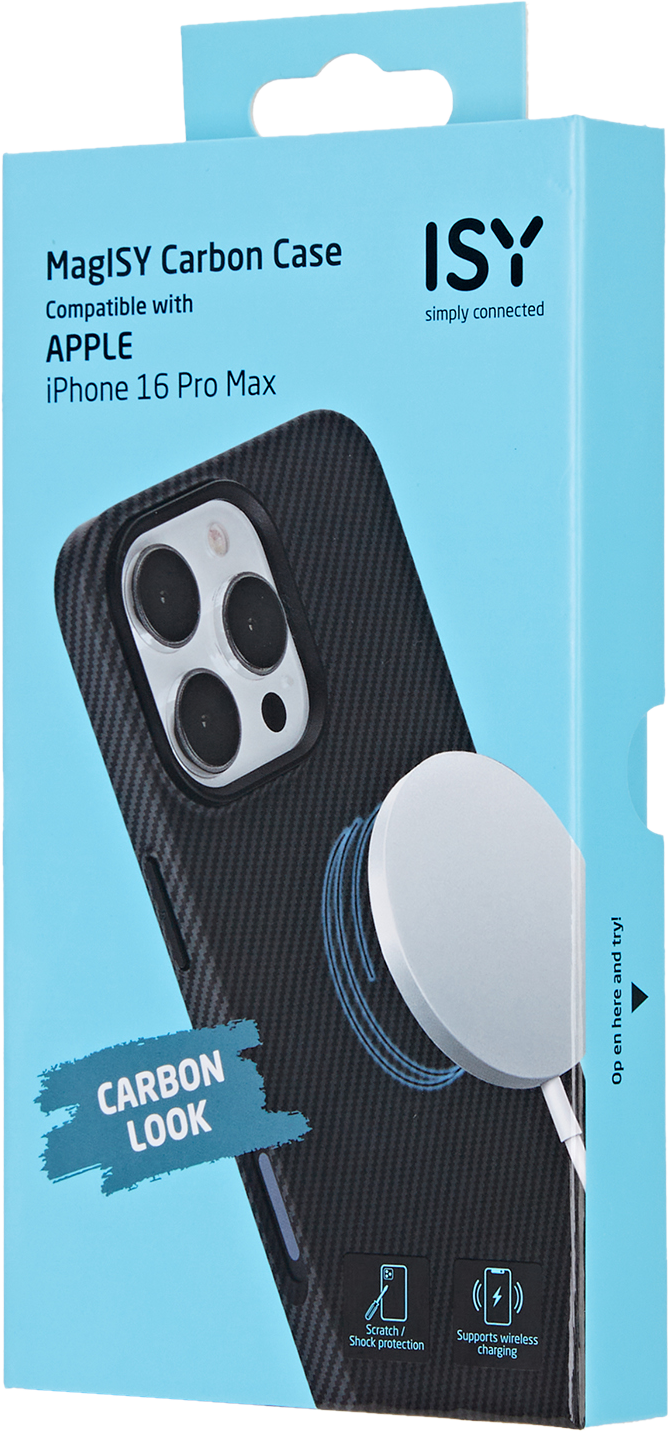 Coque pour iPhone 16 Pro Max. Elle est noire et a un aspect fibre de carbone.