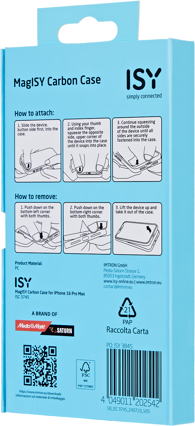 Dos d'une coque de téléphone avec instructions et un code QR. Boîte bleue et blanche.