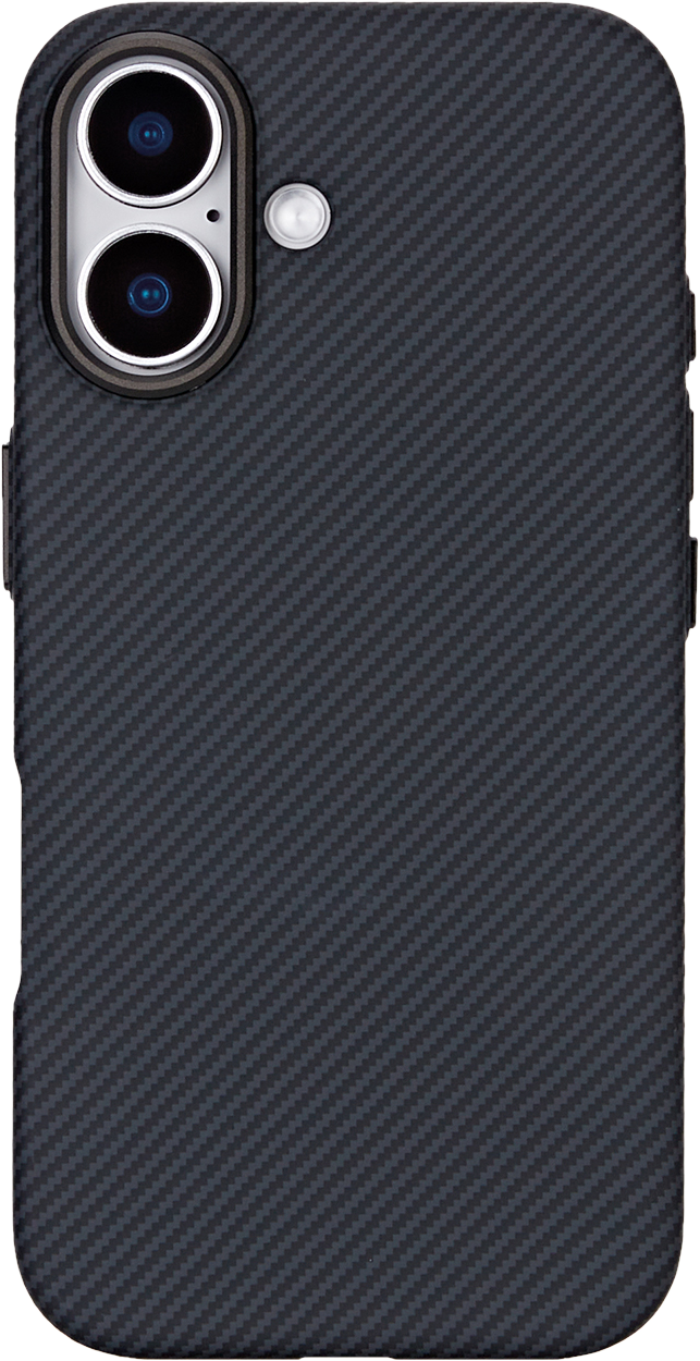 Une coque de téléphone texturée en fibre de carbone avec doubles objectifs et flash sur fond noir.
