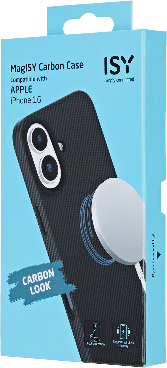 Boîte de coque de téléphone, aspect fibre de carbone noire, dit MagISY, compatible avec iPhone 16.