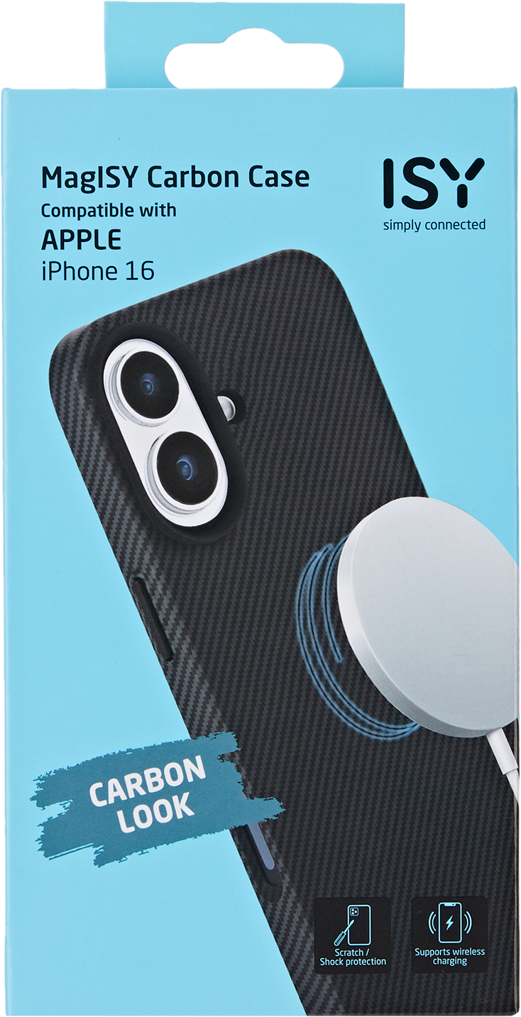 Étui en fibre de carbone en boîte pour iPhone 16 avec chargeur magnétique.