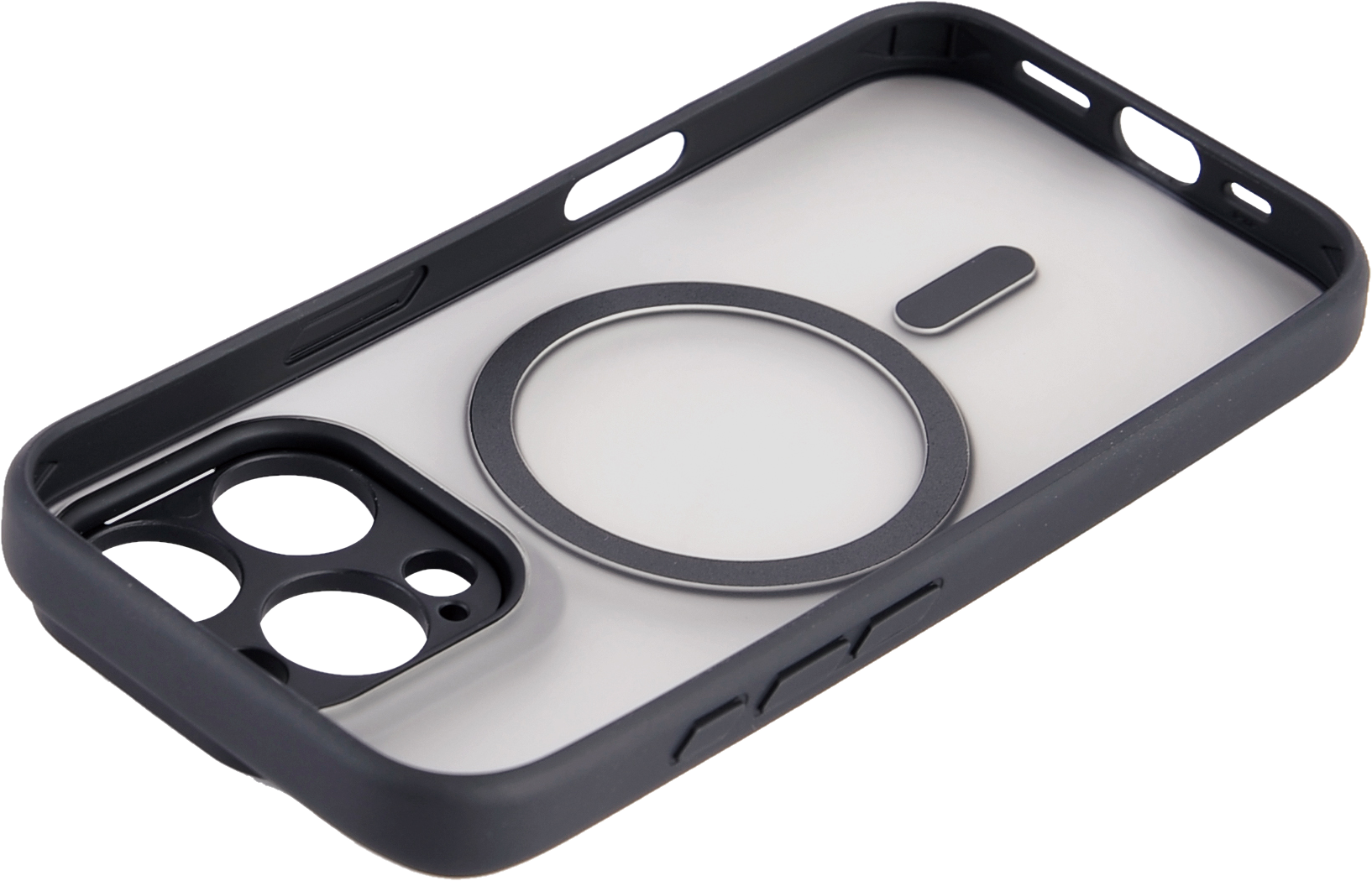 Coque transparente, cadre noir, dos transparent, anneau MagSafe gris, découpe caméra noire.
