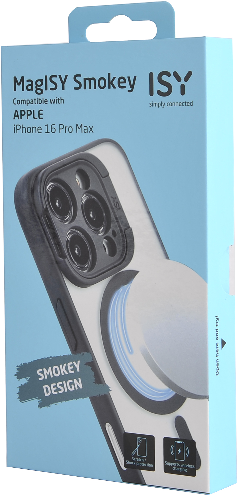 Coque iPhone 16 Pro Max dans une boîte, avec chargeur magnétique et design Smokey.