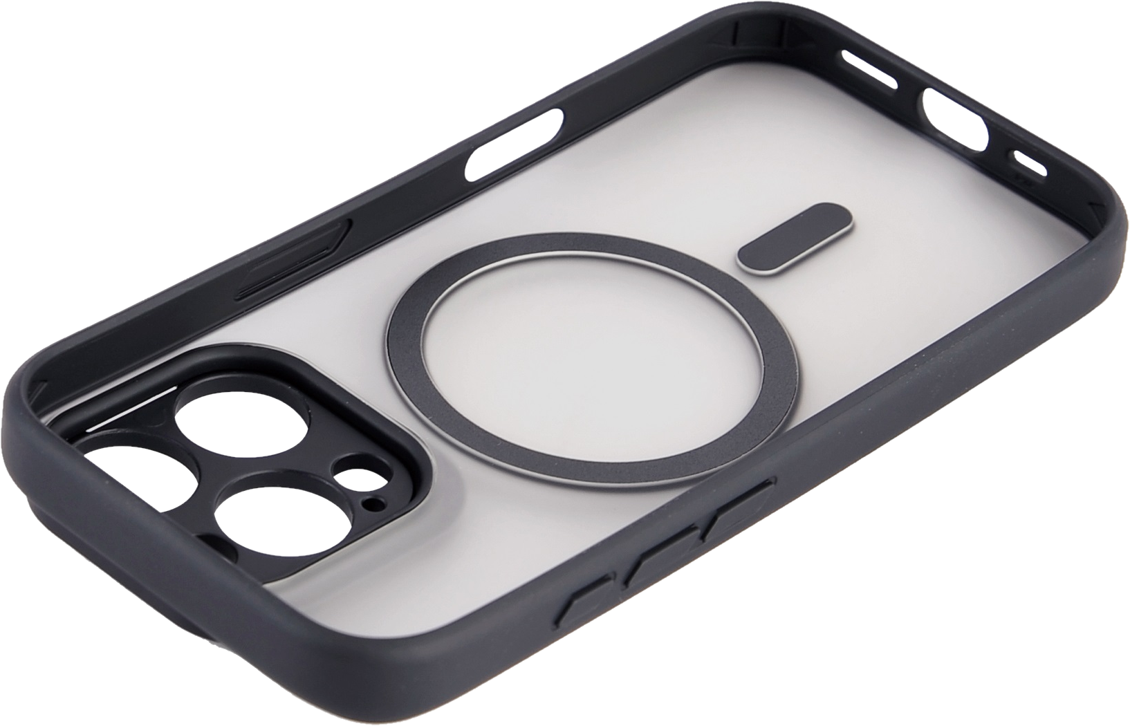 Coque de téléphone avec dos transparent et bords gris foncé. Anneau magnétique et découpe pour l'appareil photo.