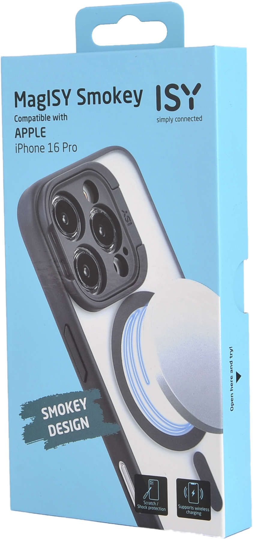 Une boîte de coque de téléphone bleue et blanche avec une coque de téléphone à l'extérieur.
