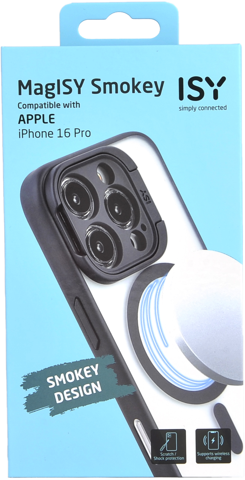Boîte de coque de téléphone. Bleue avec une coque transparente montrée. Présente le design MagIsy Smokey, pour iPhone 16 Pro.
