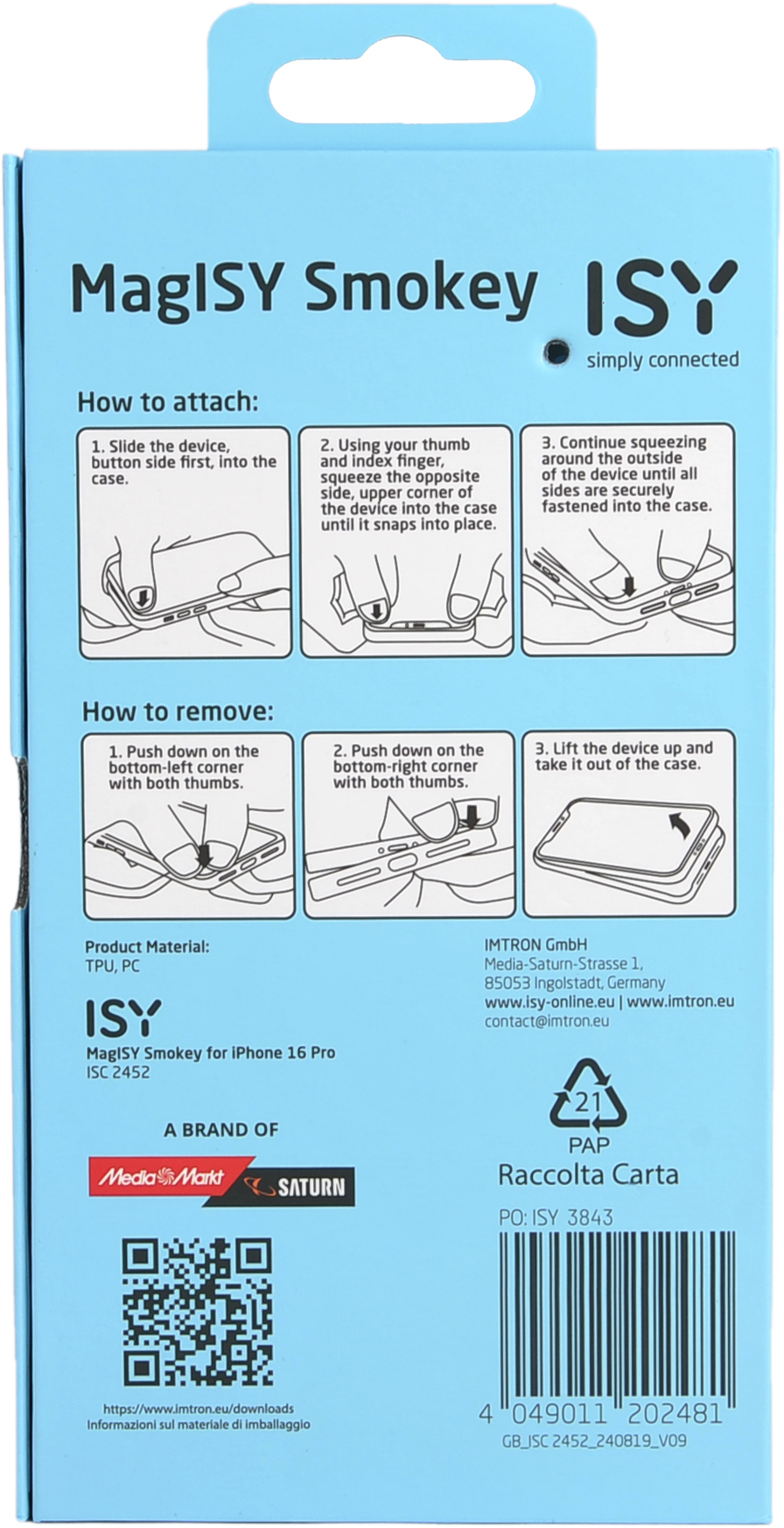 Emballage pour une coque de téléphone, avec des instructions et un code QR. La marque est MaglSY Smokey ISY.
