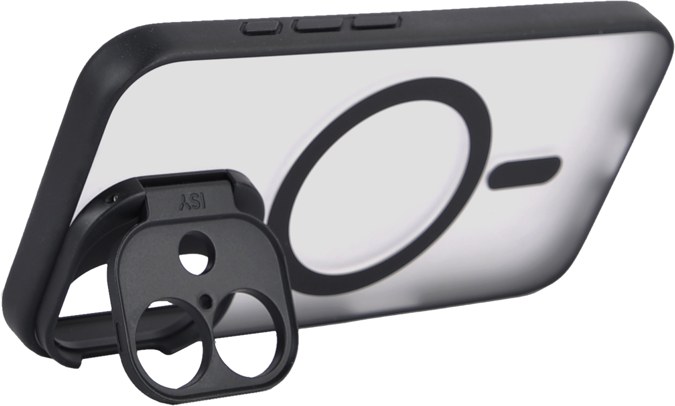 Coque de téléphone avec support, cadre noir, dos transparent et cercle blanc.