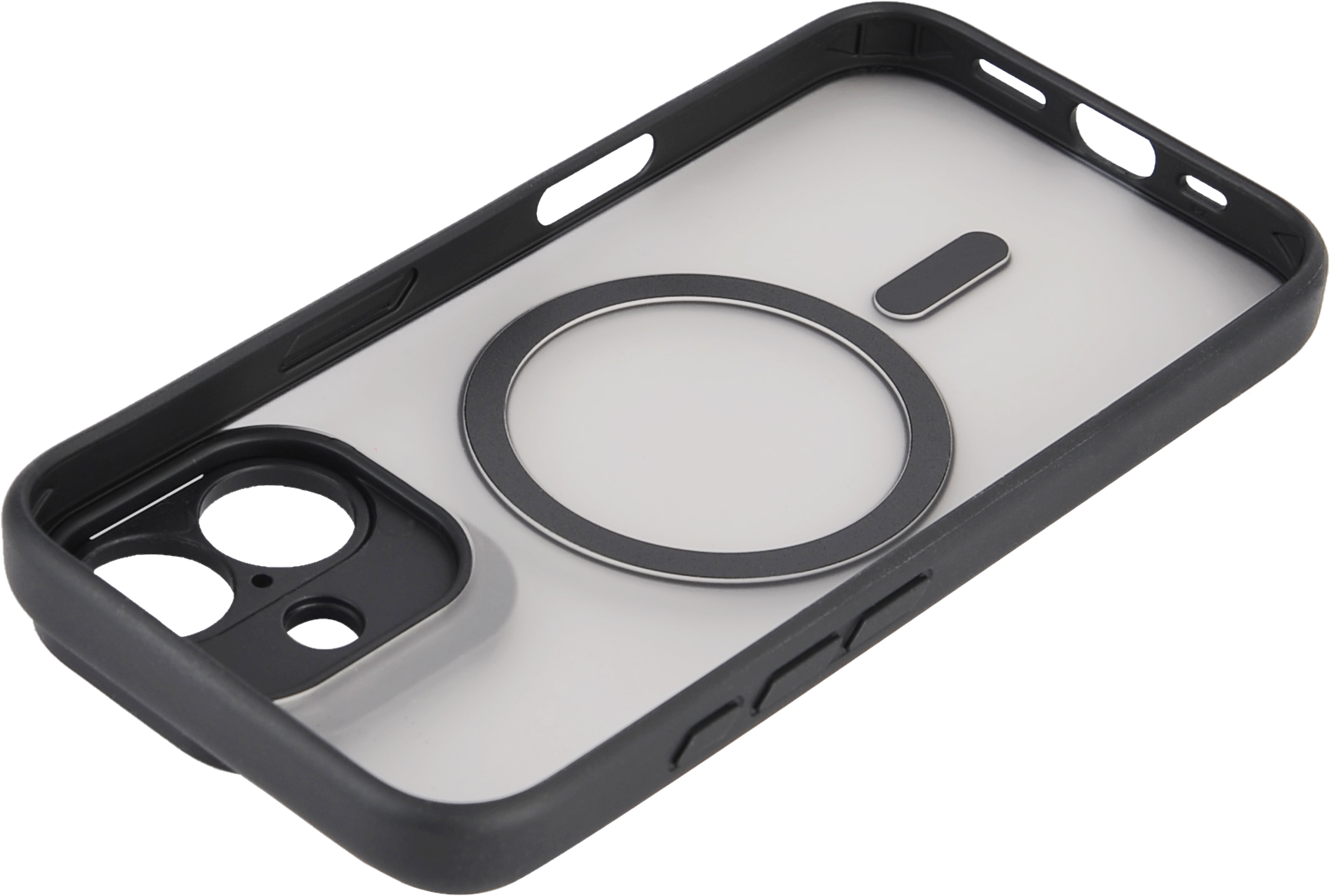 Coque de téléphone noire avec un aimant circulaire noir au centre et une découpe pour la caméra.