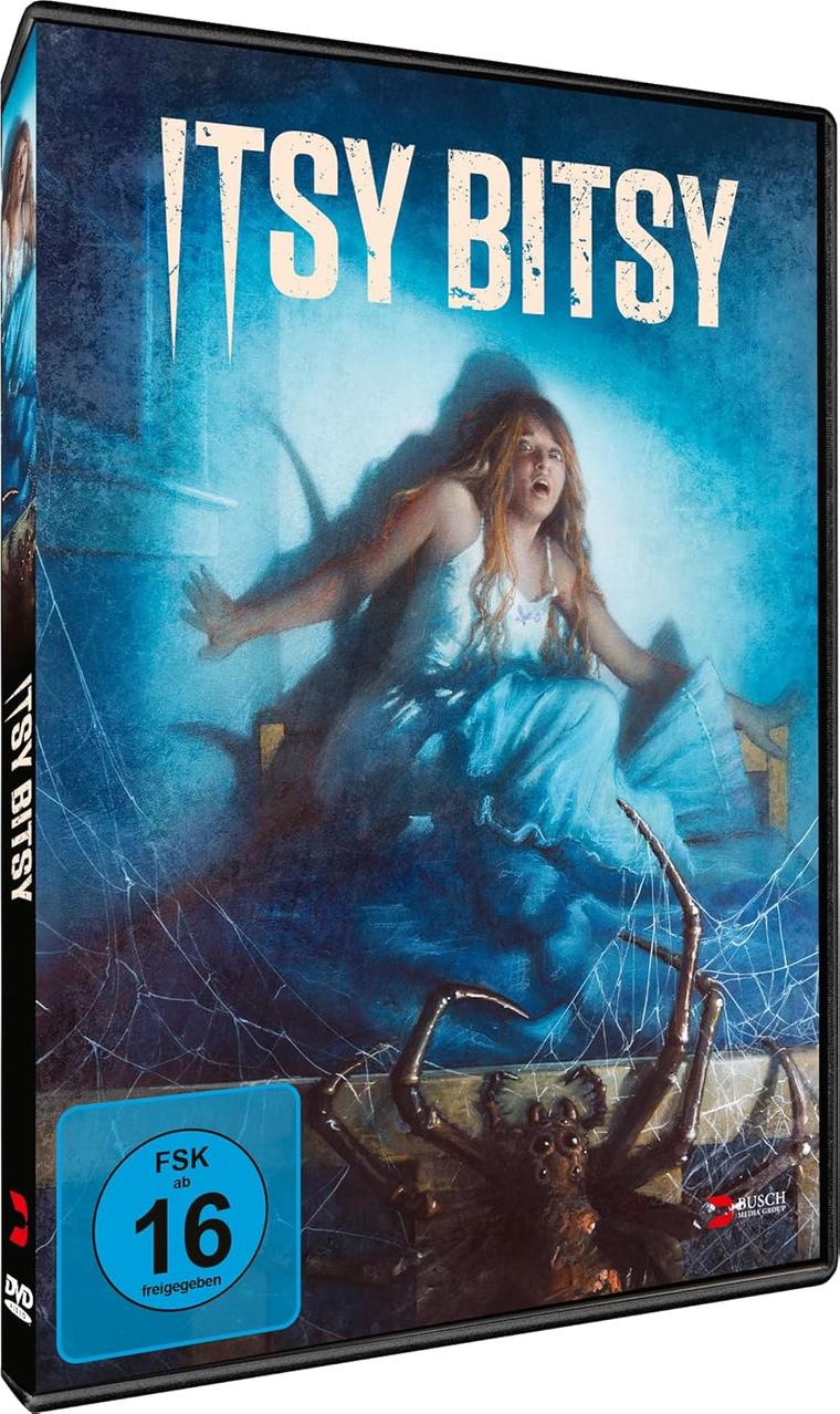DVD-Hülle des Films 'Itsy Bitsy' mit einer Frau und einer Spinne.