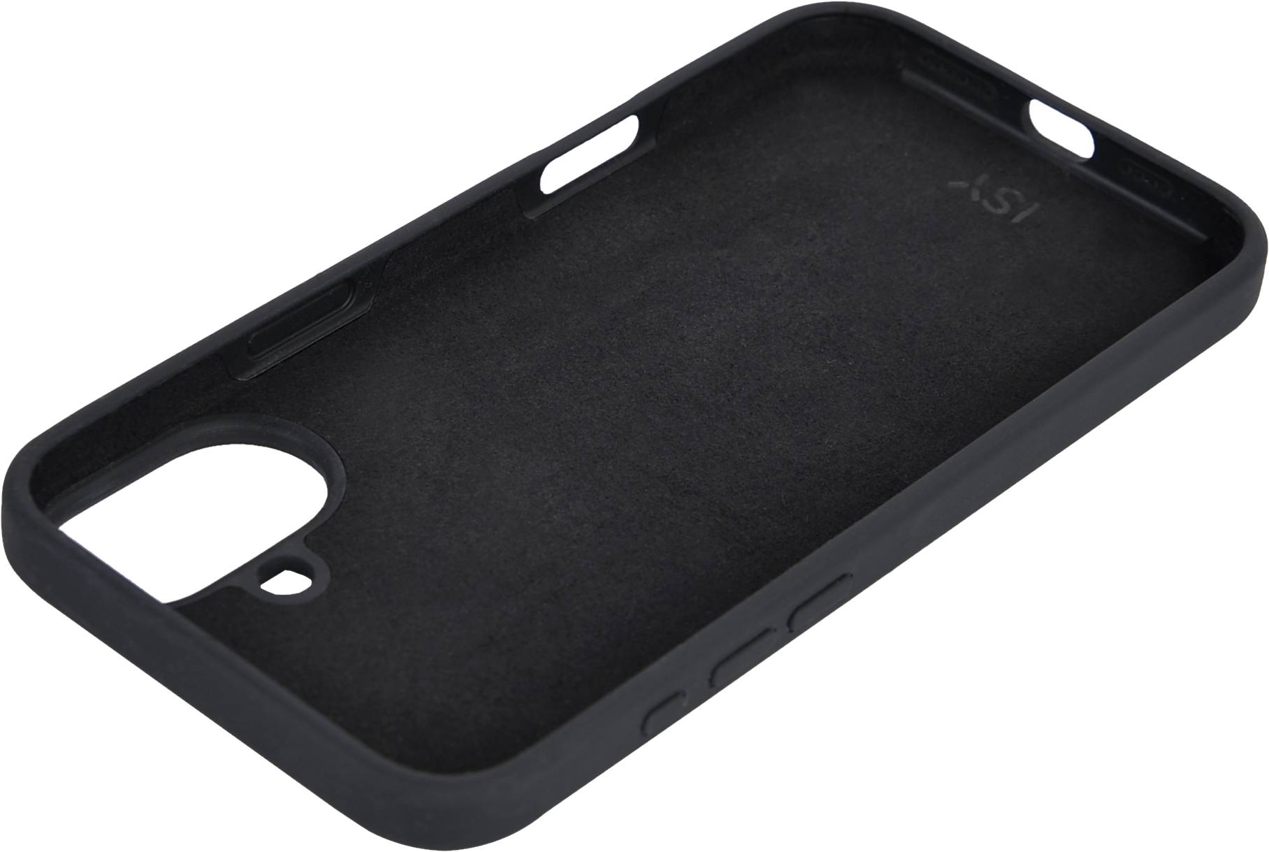 Intérieur d'étui de téléphone noir avec découpes pour boutons, appareil photo et port de charge.