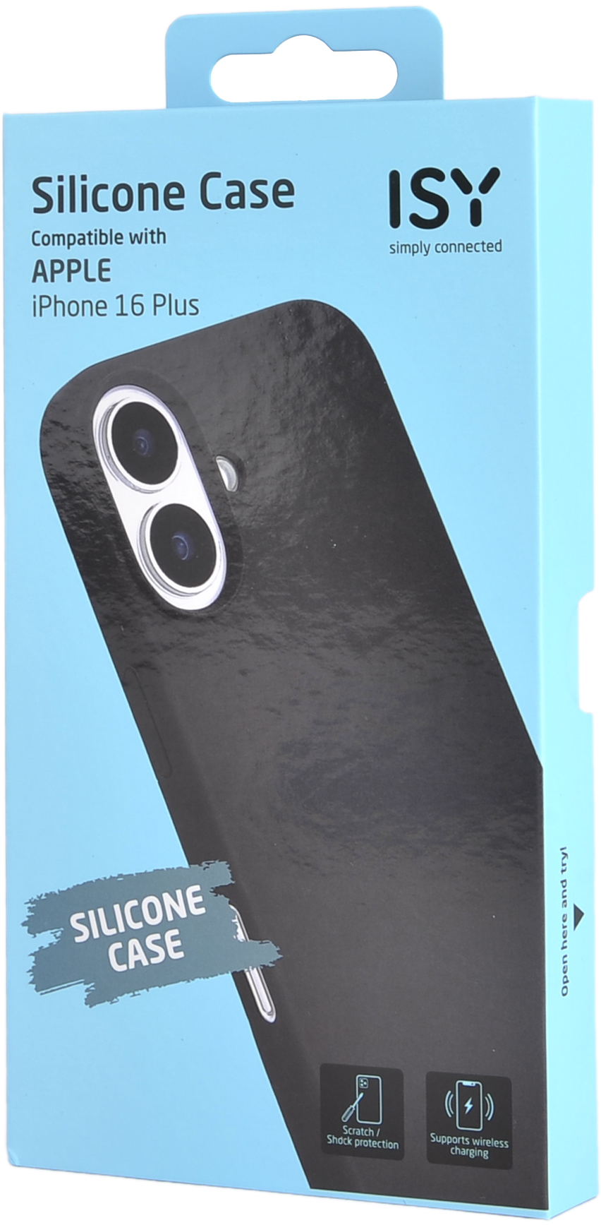 Coque en silicone noire pour iPhone 16 Plus dans une boîte bleu clair. La boîte contient la coque.