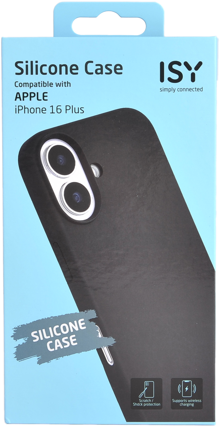 Coque de téléphone en silicone noir dans l'emballage, fond blanc, boîte bleue.