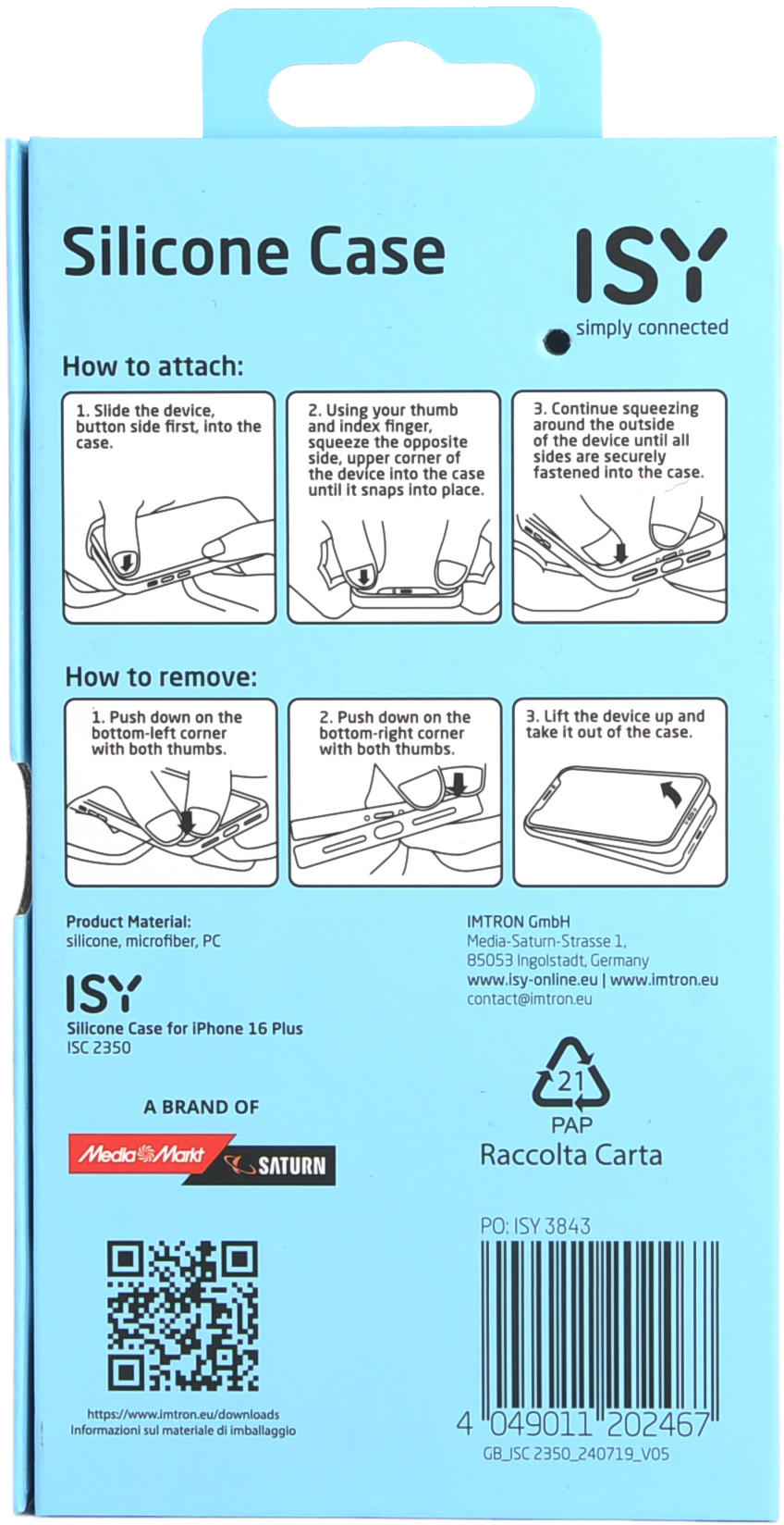 Une boîte avec des instructions sur la façon d'attacher et de retirer une coque de téléphone en silicone.