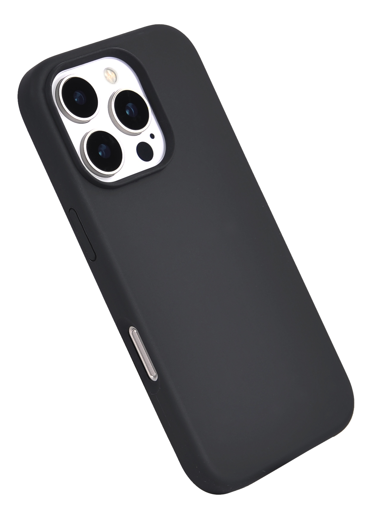 Coque de téléphone noire avec une découpe pour la caméra d'un téléphone à objectifs multiples. Isolé sur fond noir.