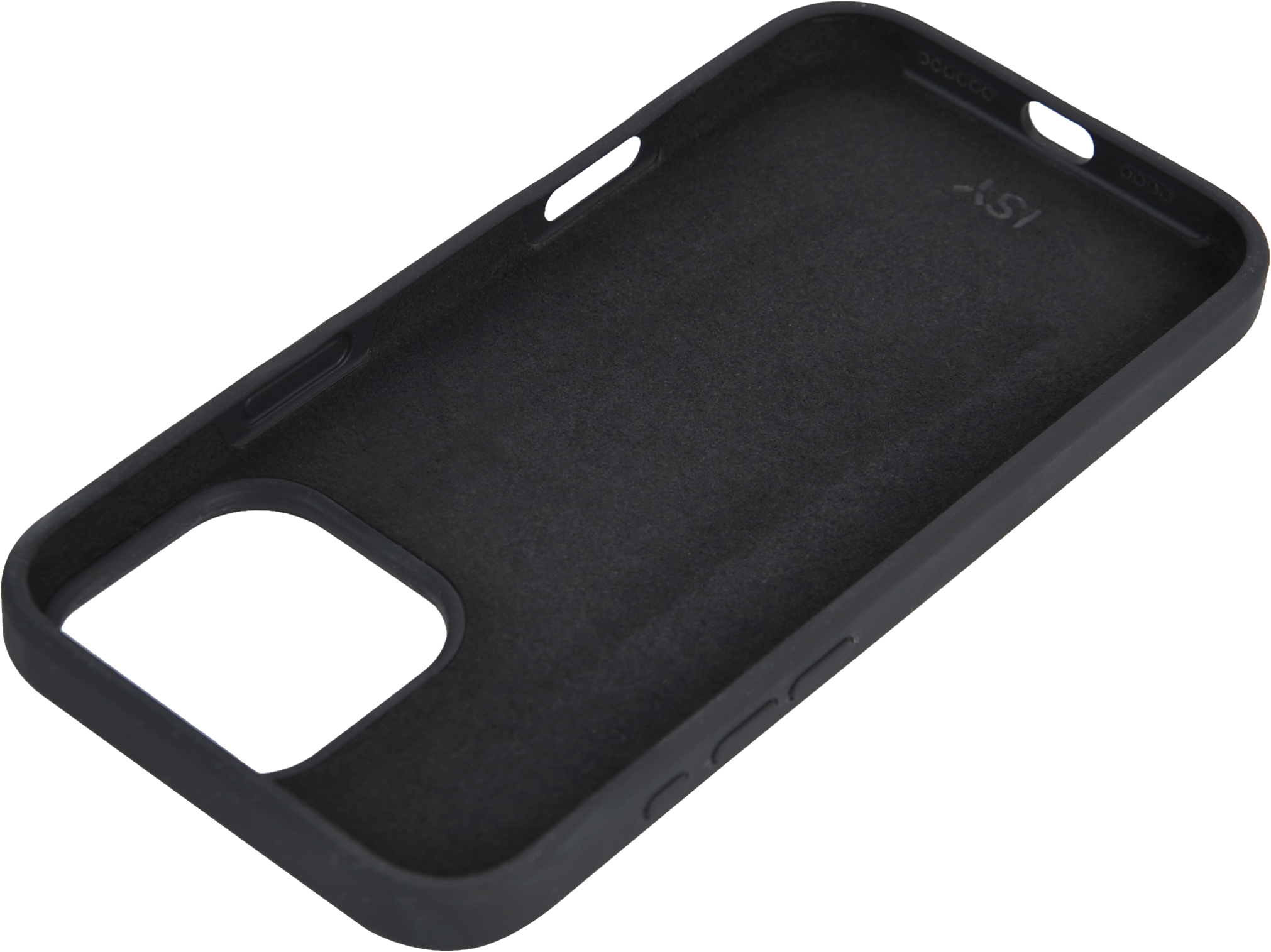 Vue intérieure d'une coque de téléphone noire, avec des découpes pour l'appareil photo et les boutons.