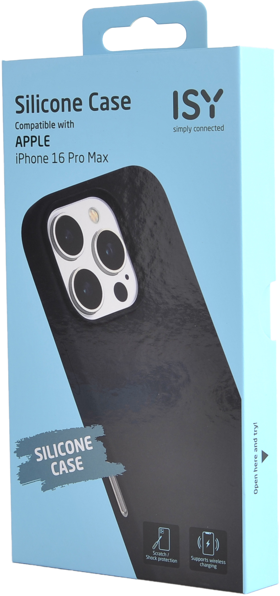 Un étui en silicone noir pour iPhone dans une boîte bleue et blanche.