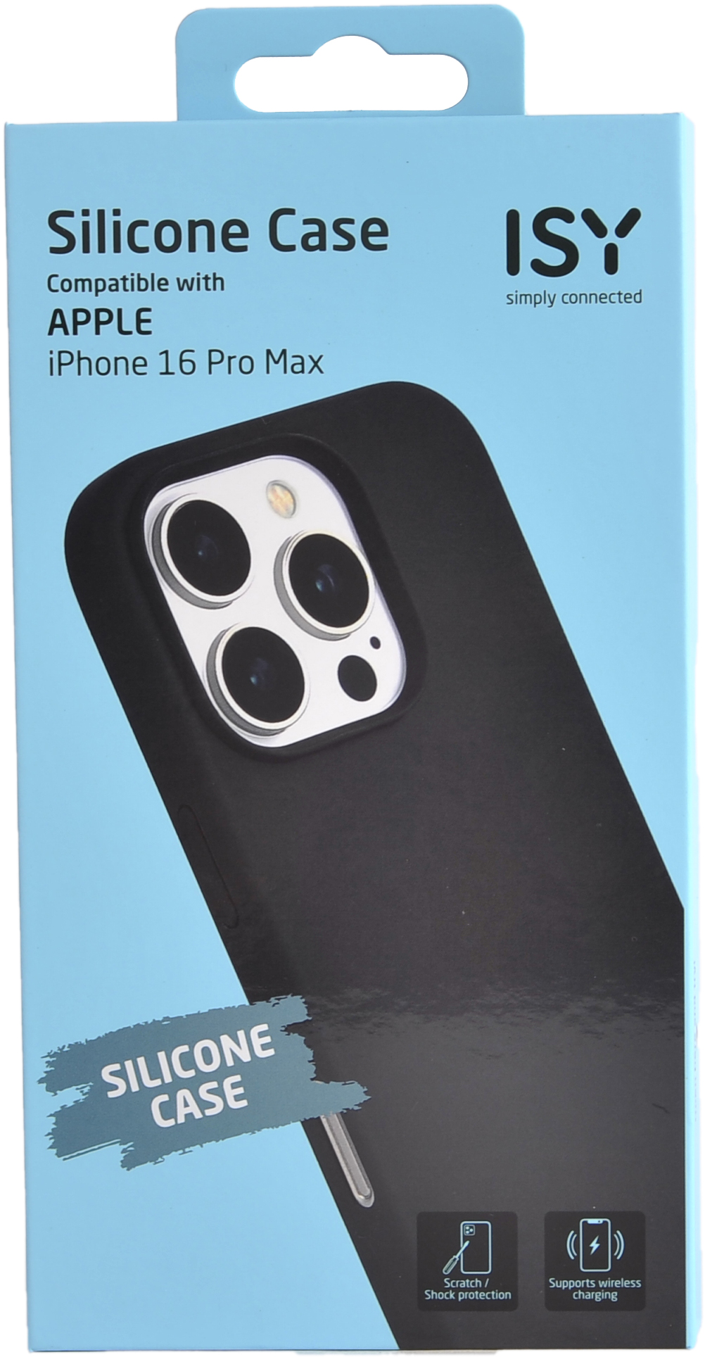 Boîte d'étui de téléphone avec un étui noir et une description du produit.