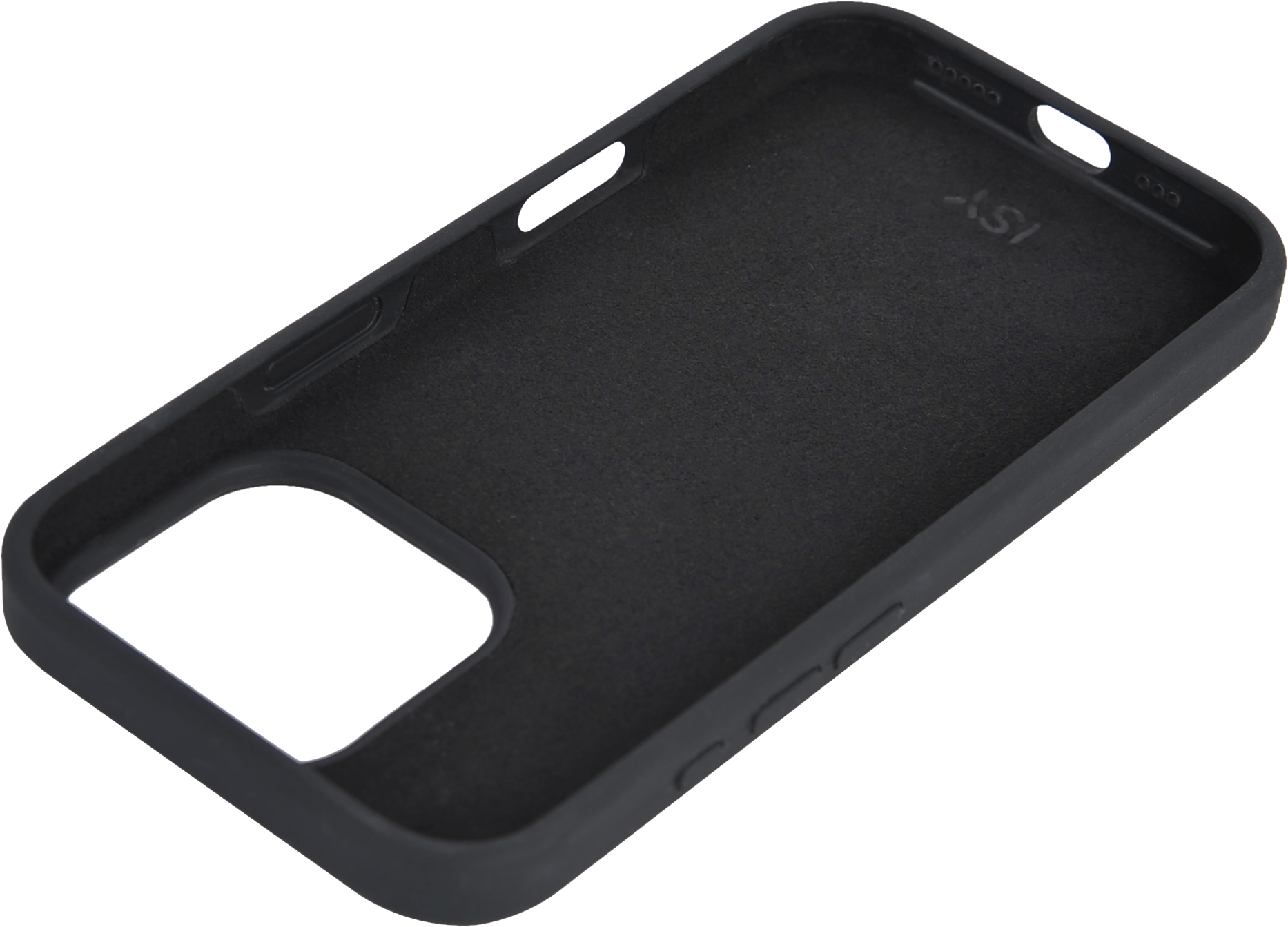 Intérieur de l'étui de téléphone noir montrant l'intérieur d'un étui de téléphone.