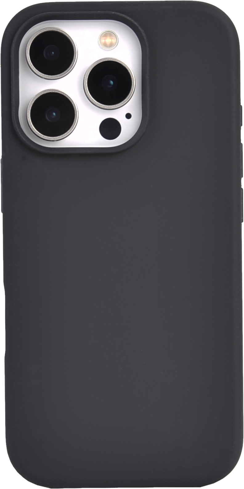 Gros plan d'une coque de téléphone noire avec configuration triple caméra, design élégant.