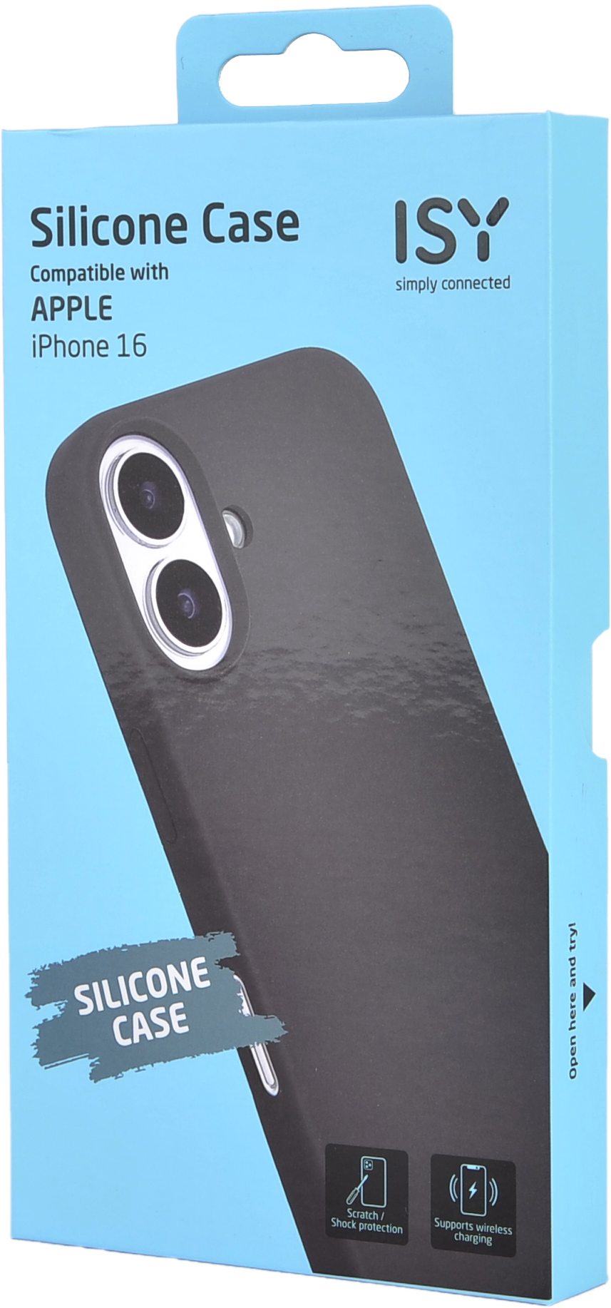 Une coque de téléphone en silicone noire dans une boîte bleue et blanche avec le logo ISY.