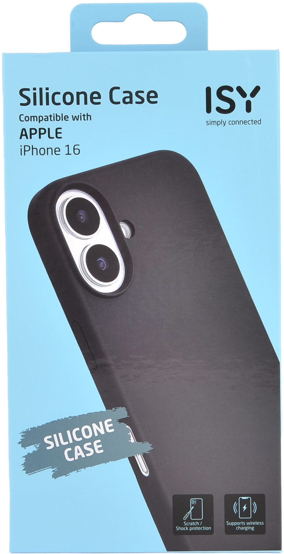 Coque en silicone noire pour iPhone 16. Emballage avec coque et fonctionnalités, dont protection contre les rayures et sans fil.