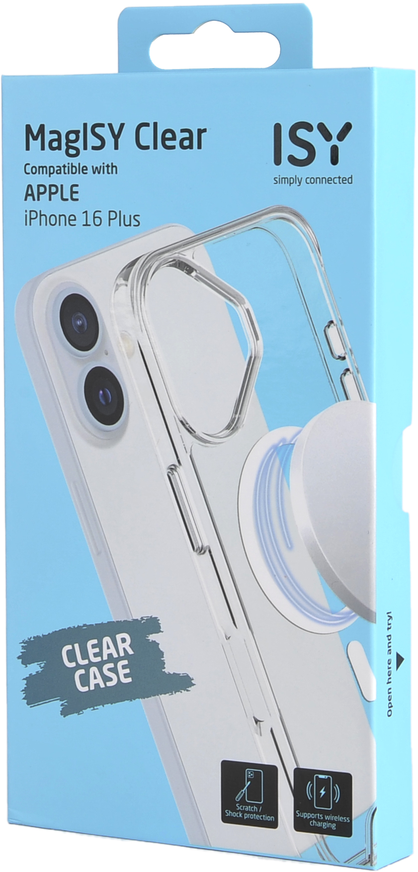 Coque transparente pour iPhone sur boîte bleu-blanc, compatible iPhone 16 Plus. Design de coque transparente.