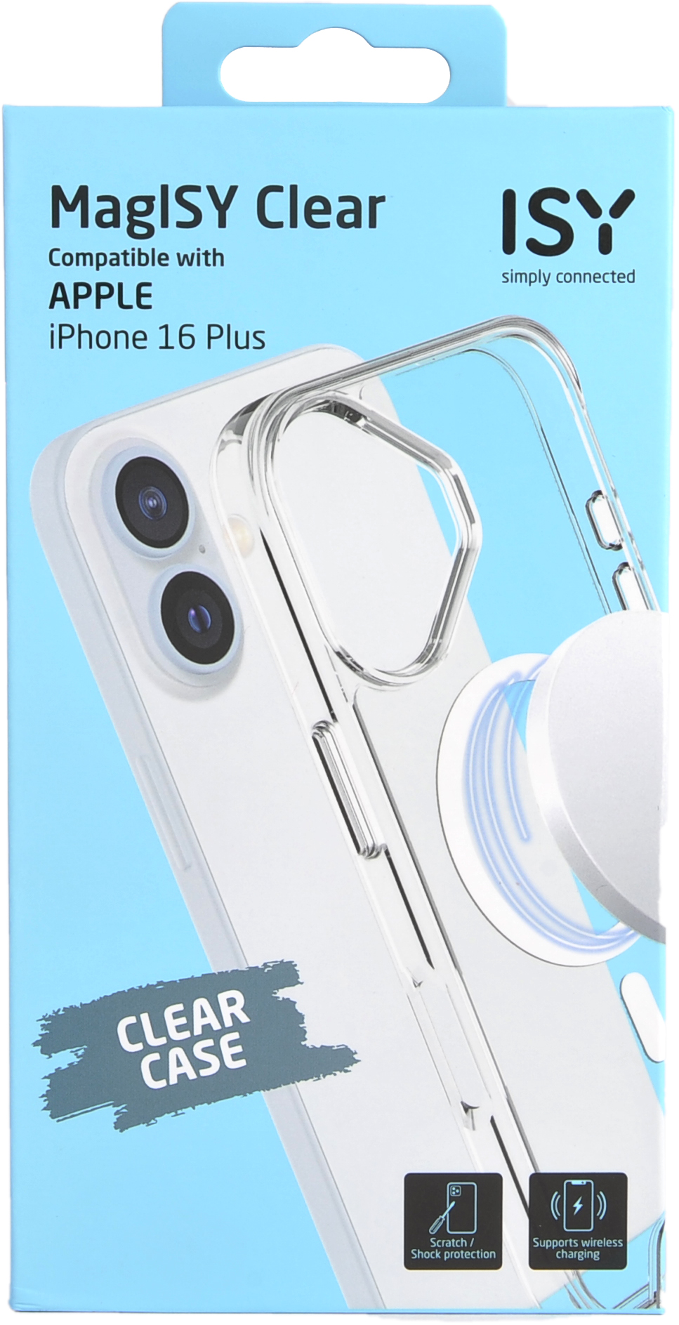 Étui de téléphone transparent sur une boîte bleue.