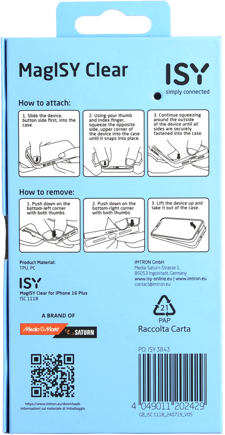 Emballage d'une coque de téléphone, montrant les instructions et infos.