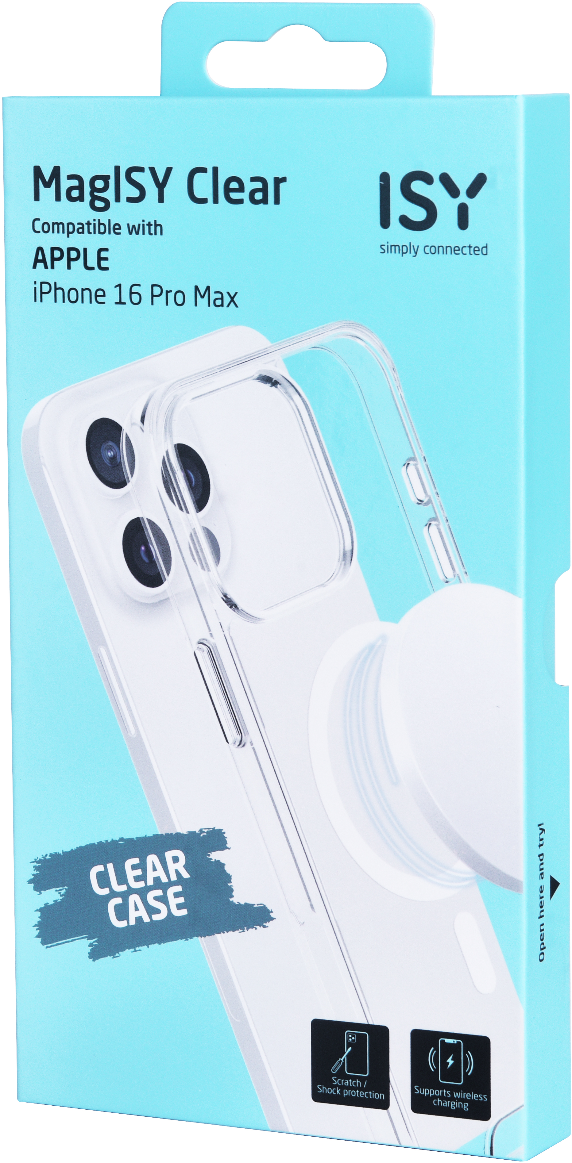 Une coque de téléphone transparente avec un iPhone 16 Pro Max. La coque est transparente avec un anneau blanc.