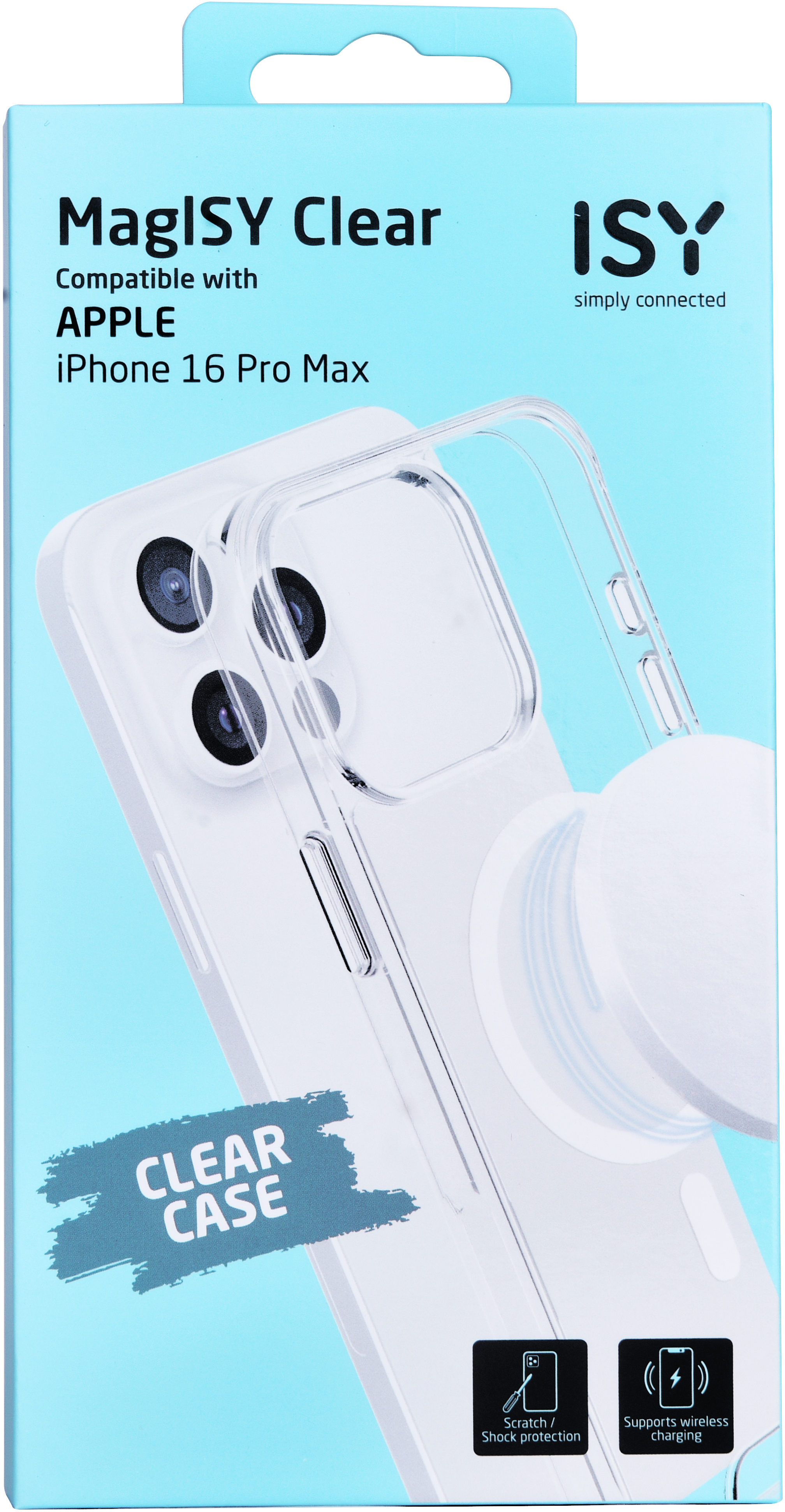 Coque de téléphone transparente dans son emballage avec téléphone et chargeur.
