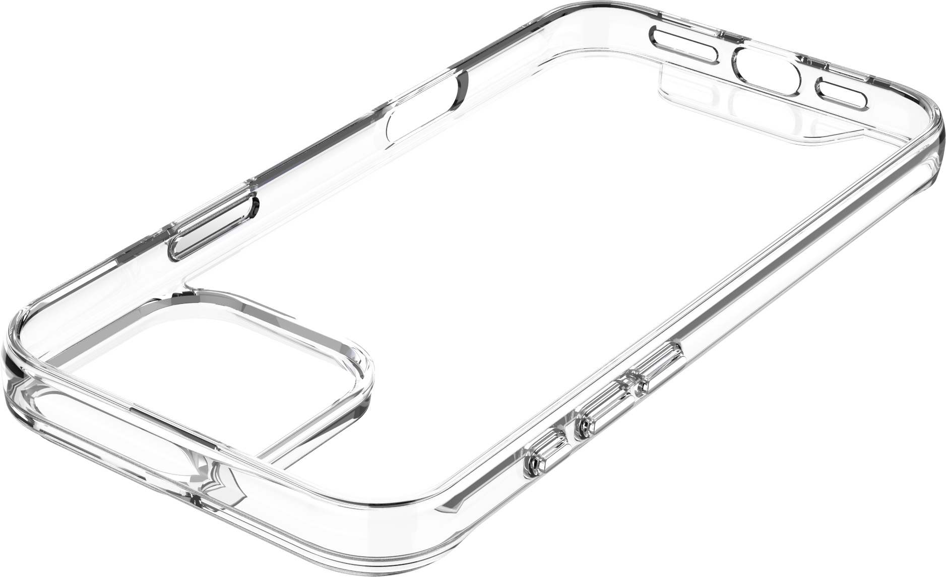 Coque iPhone transparente. La coque montre un cercle magnétique. Fond noir.