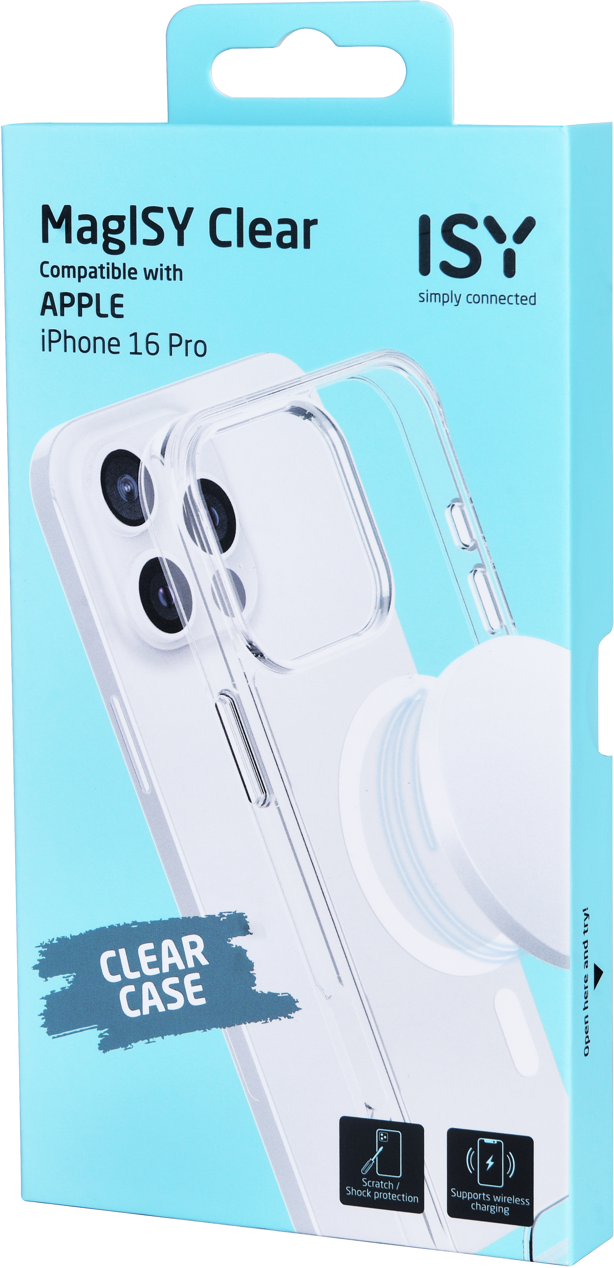 Emballage d'étui de téléphone avec un étui transparent et un cercle blanc.