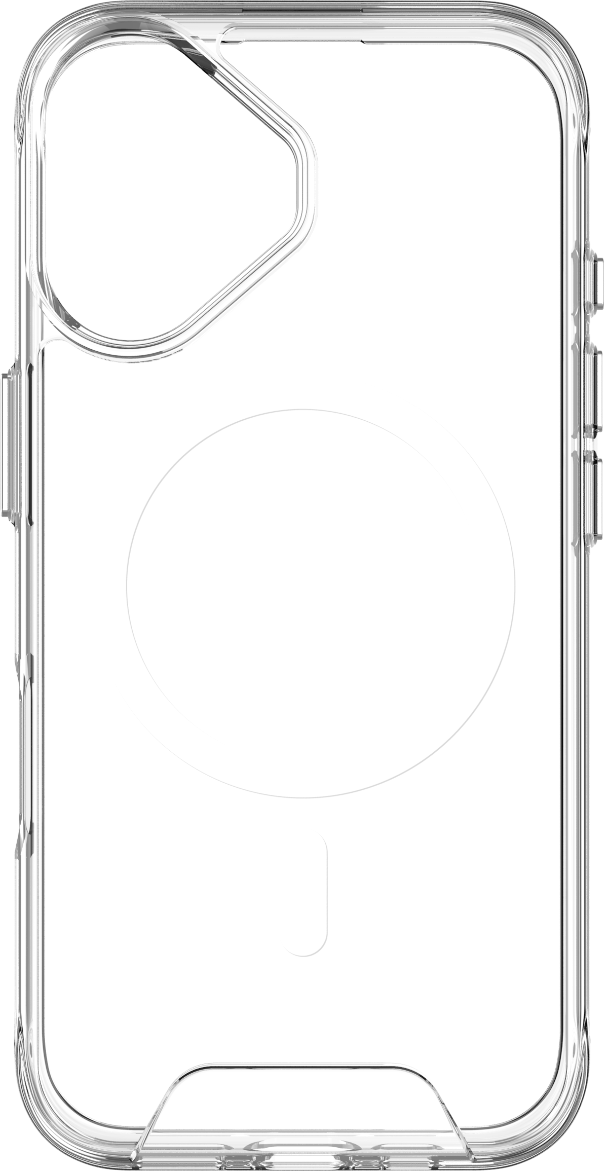 Coque de téléphone transparente avec un anneau magnétique. La coque est transparente et a des découpes pour la caméra et les boutons.