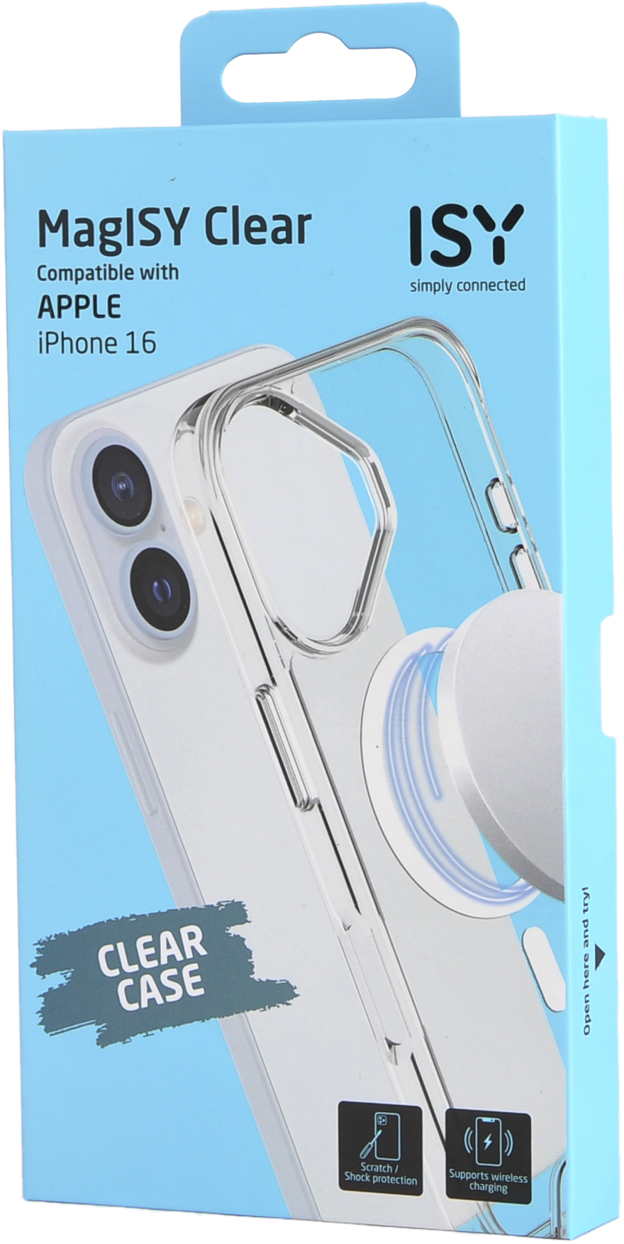 Coque de téléphone transparente en boîte, téléphone visible à l'intérieur, fond bleu.