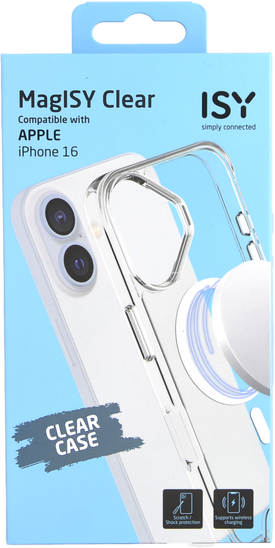 Une coque de téléphone transparente dans une boîte bleue et blanche avec le logo ISY.