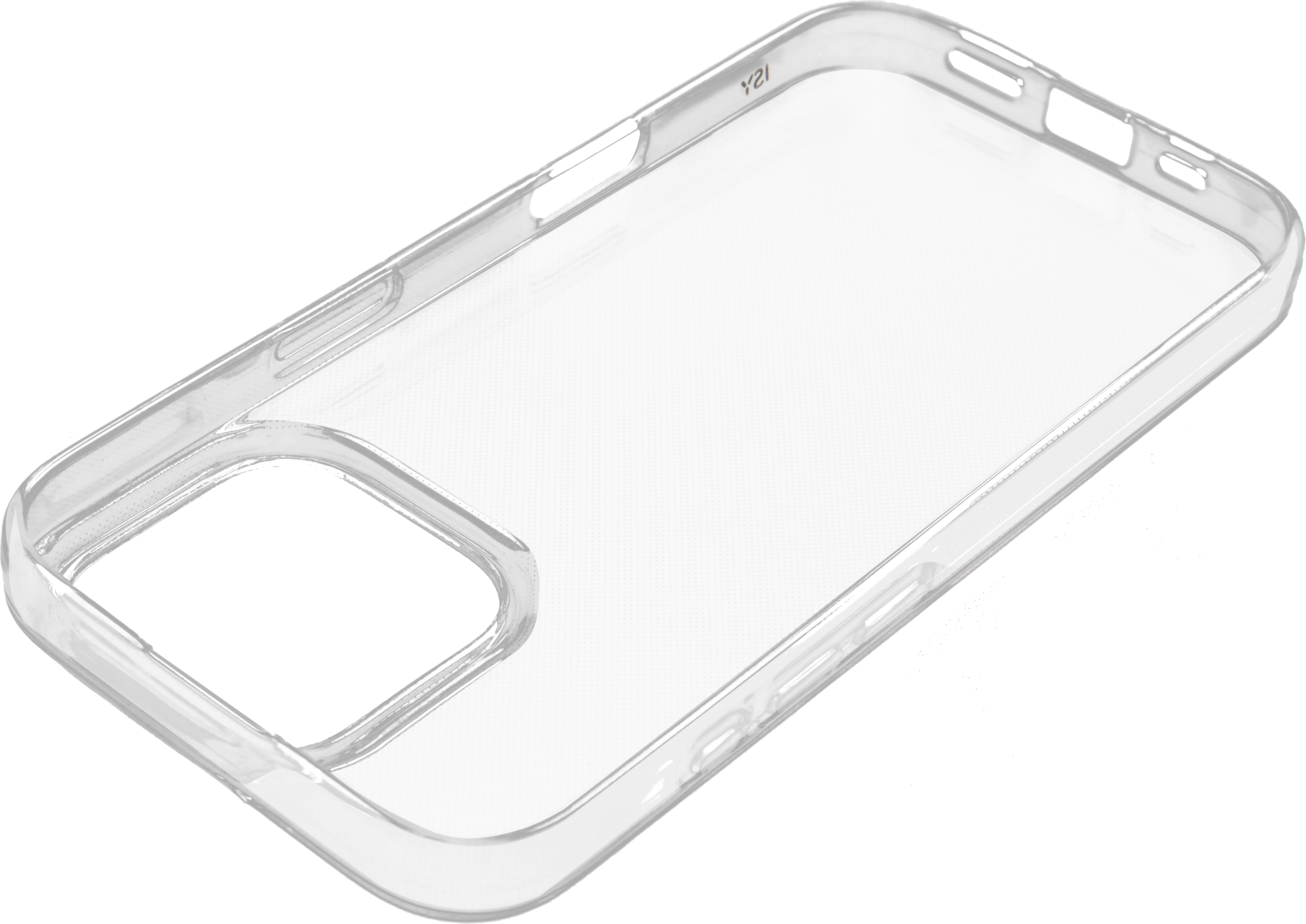 Un étui de téléphone transparent avec une découpe pour l'appareil photo.