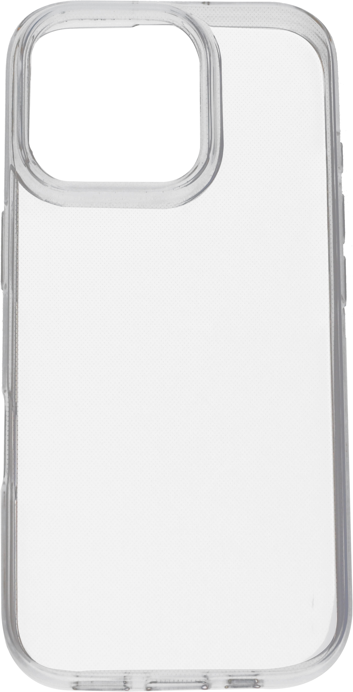 Une coque de téléphone transparente. Elle est transparente avec une ouverture pour l'appareil photo et des trous pour les boutons.