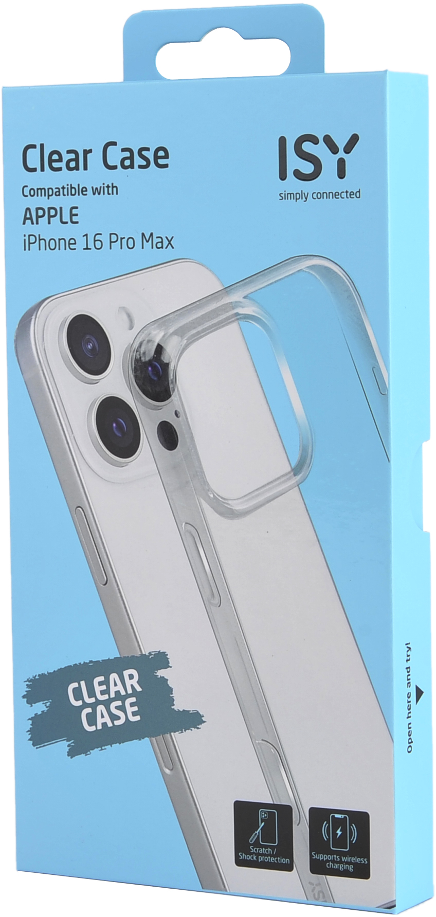 Boîte de coque de téléphone transparente avec une image de téléphone et du texte sur un fond bleu clair.