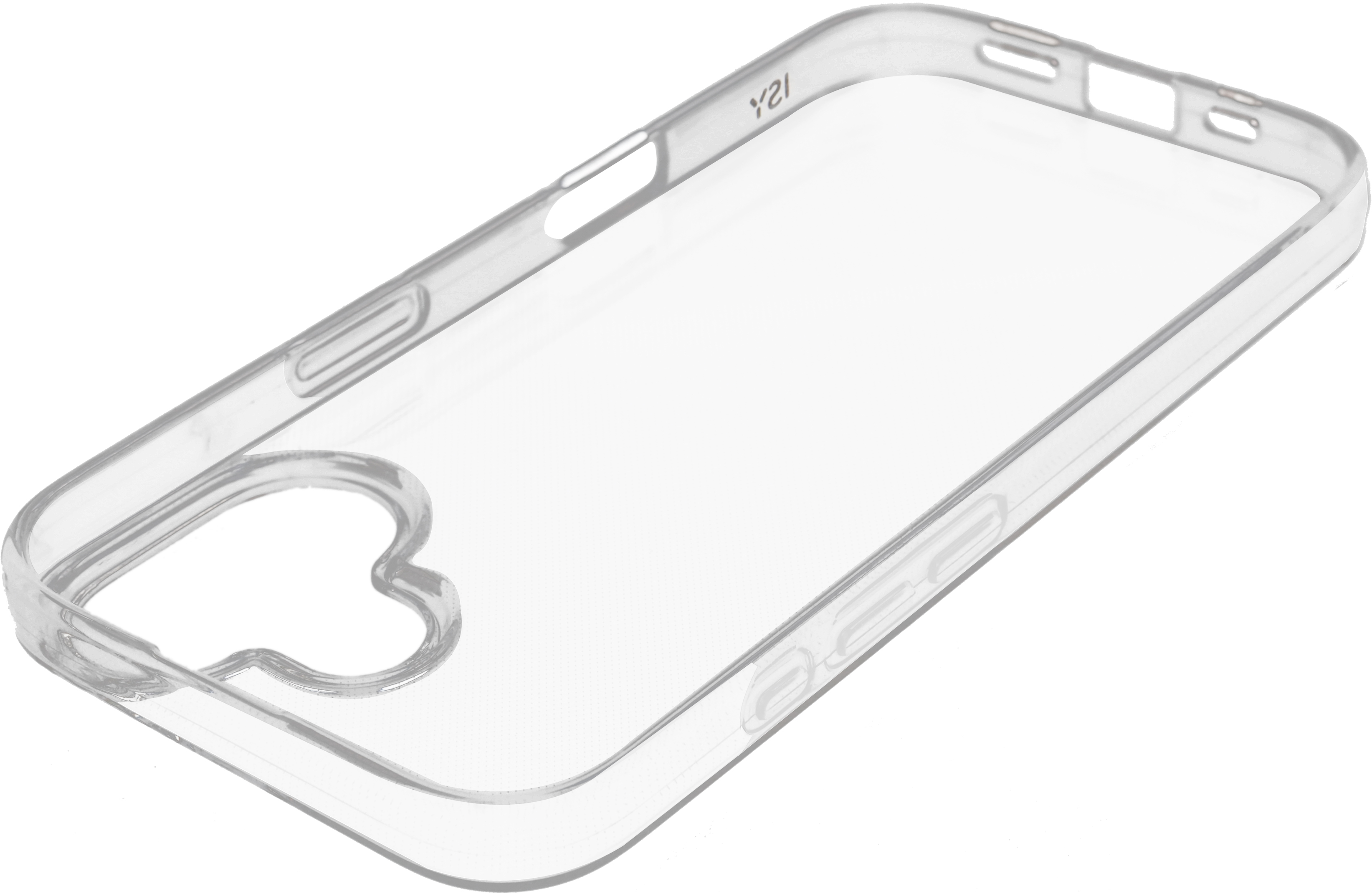 Une coque de téléphone transparente avec un bas incurvé et des découpes pour les boutons latéraux.