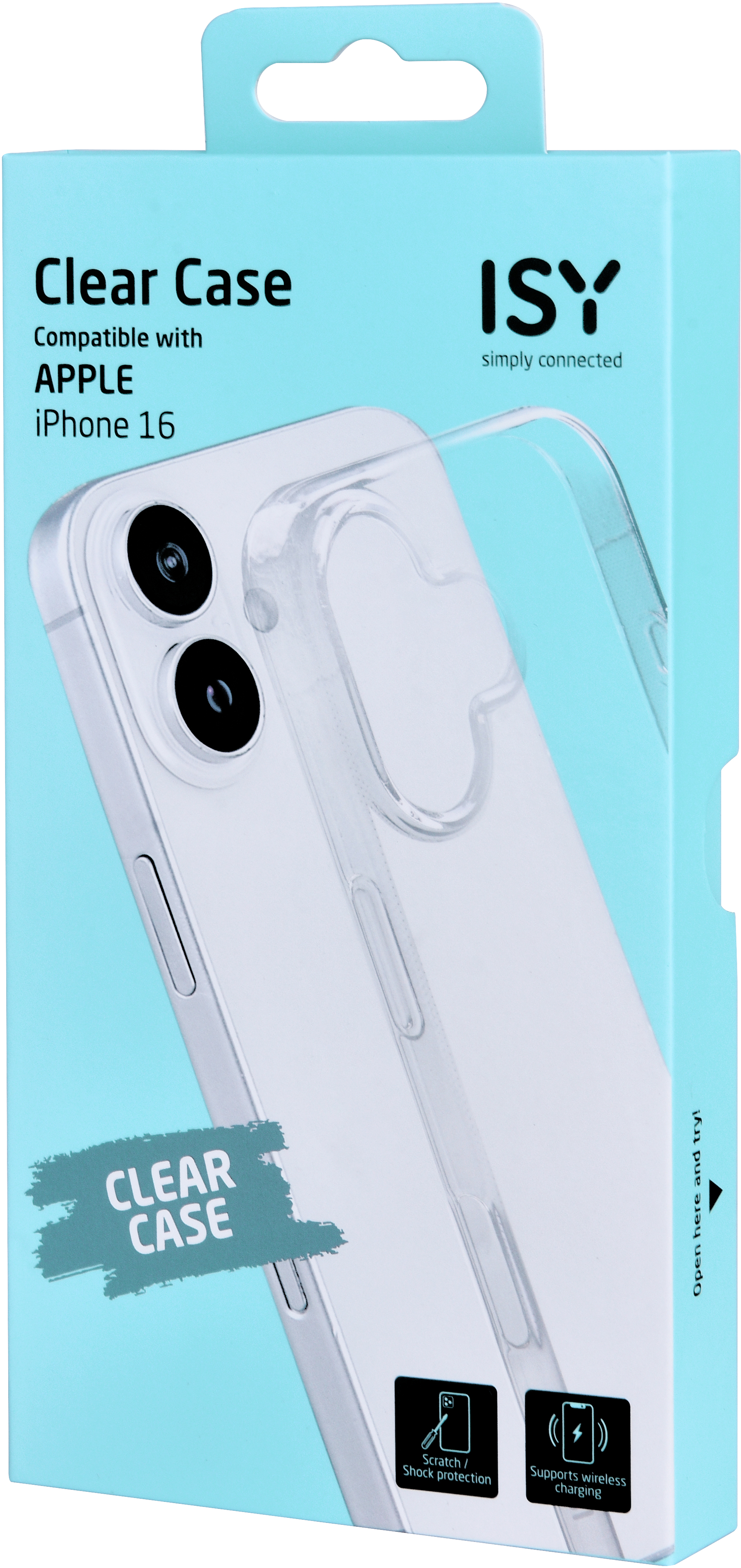 Coque transparente iPhone 16 dans une boîte bleue.