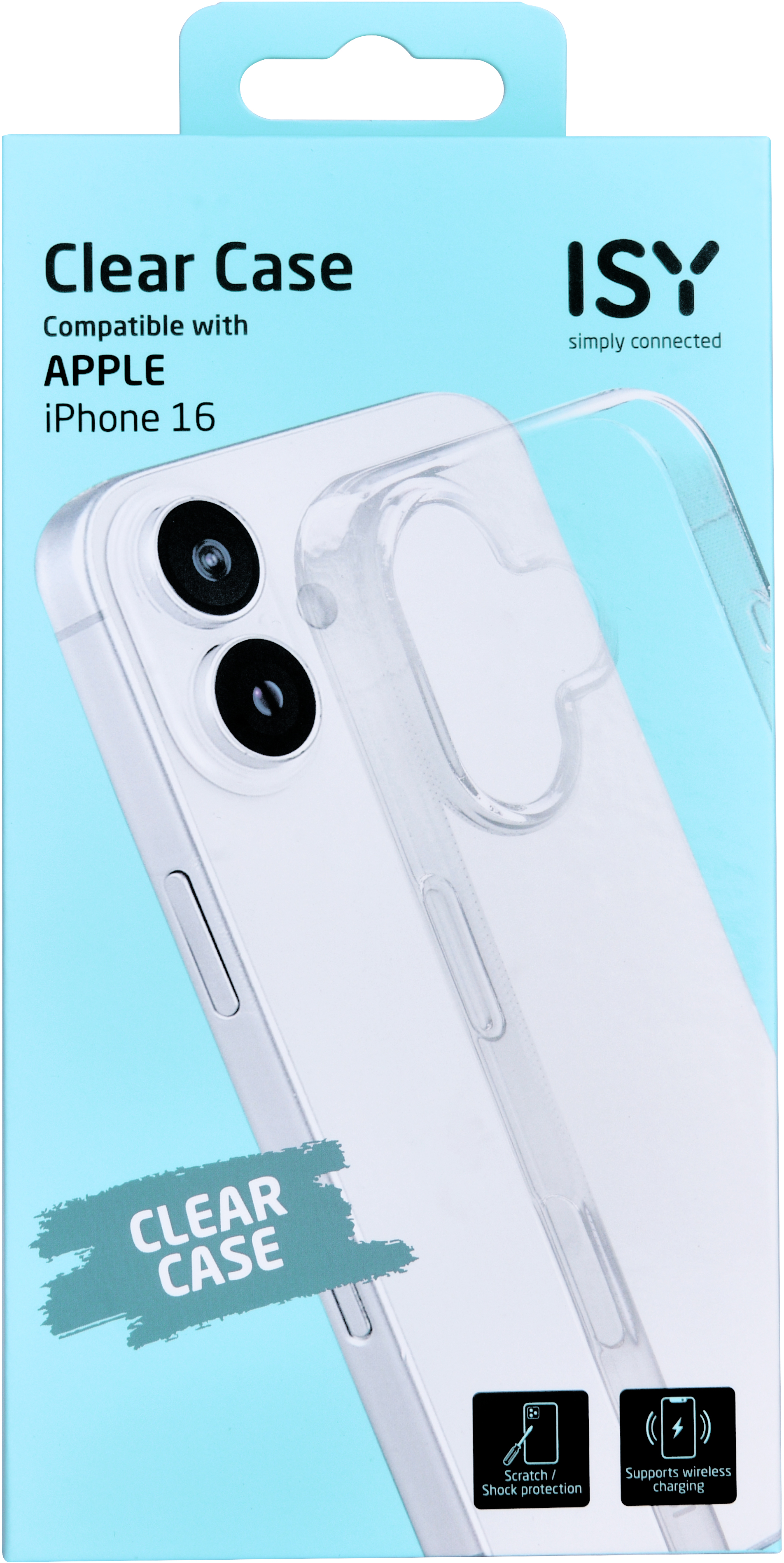Coque transparente pour iPhone sur boîte bleu-blanc, compatible avec iPhone 16. Design transparent.