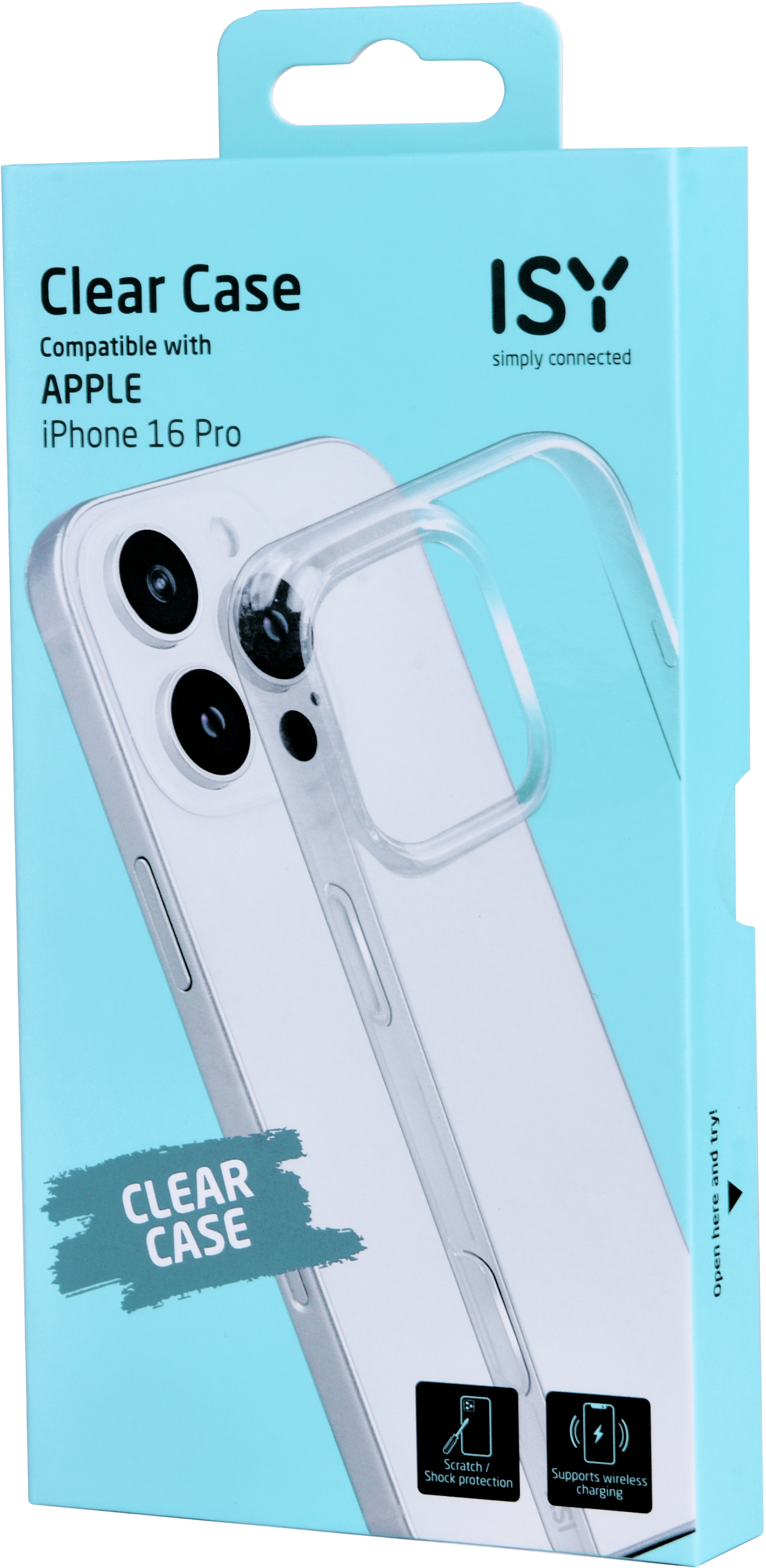 Coque de téléphone transparente dans une boîte avec marque et caractéristiques sur fond bleu clair.