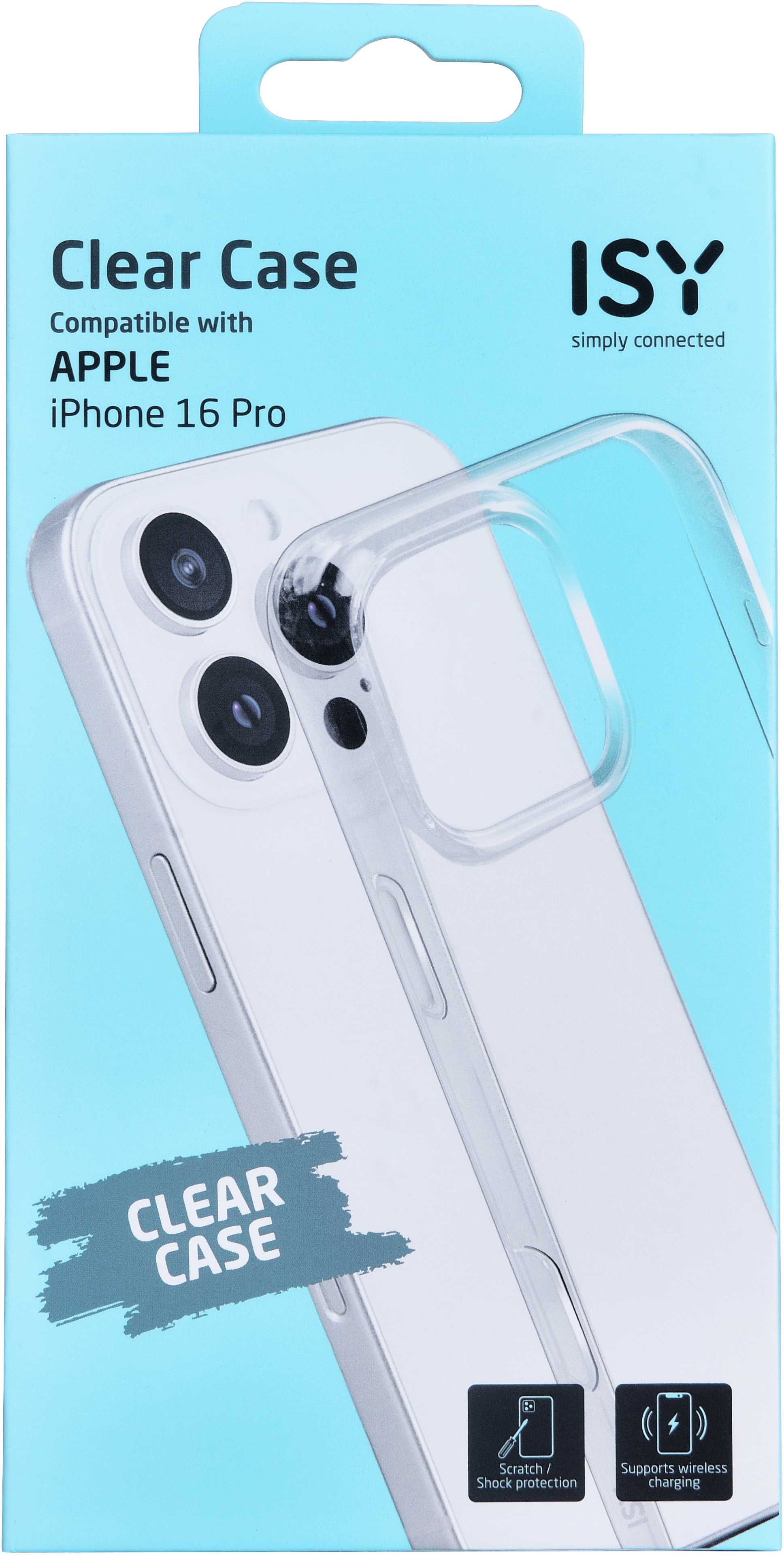 Coque de téléphone transparente avec un téléphone à l'intérieur. Fond blanc, boîte bleue.