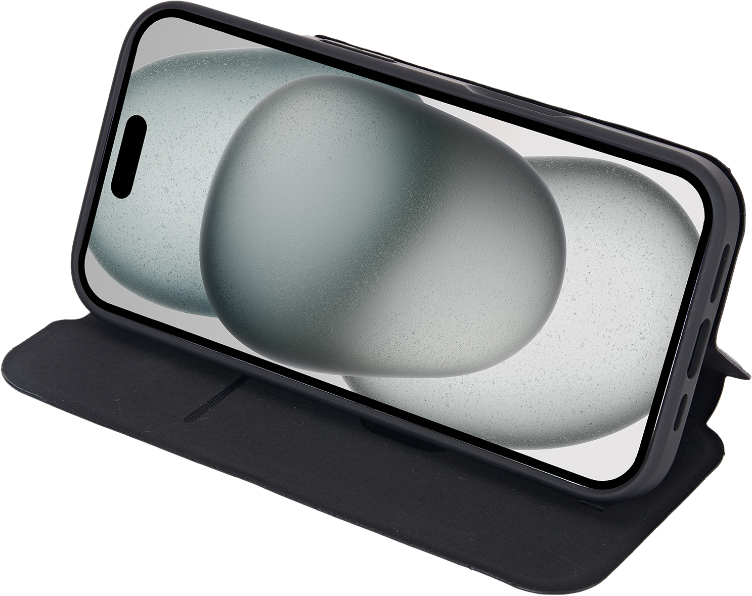 Un téléphone noir dans un étui, présenté en angle, avec un arrière-plan flou de formes abstraites.