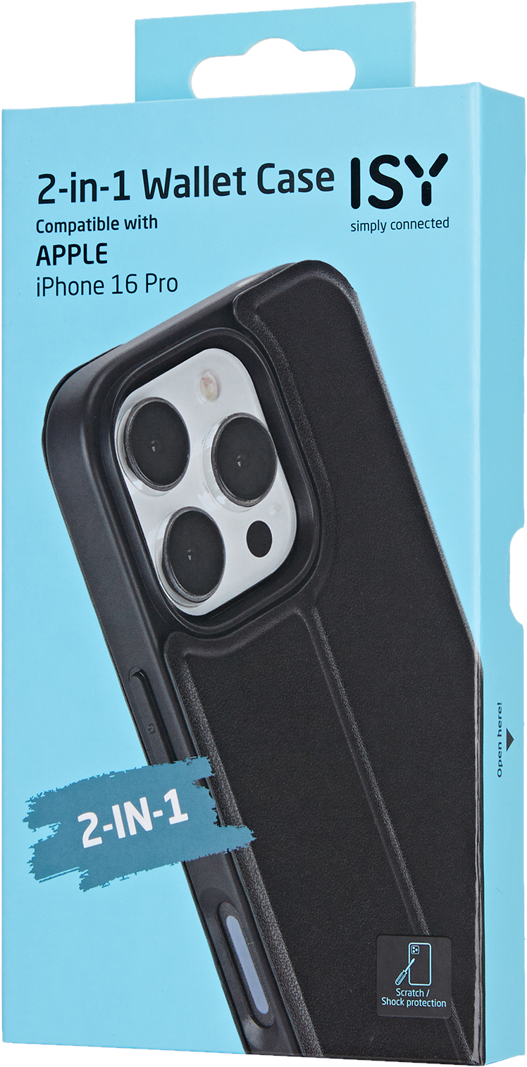 Une boîte de coque portefeuille 2 en 1 pour iPhone, avec la coque visible.