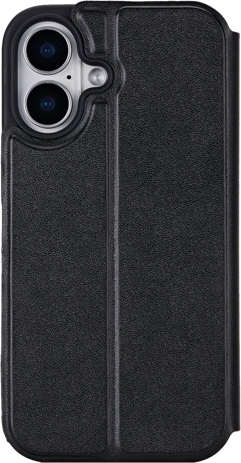 Coque de téléphone noire avec un rabat. La coque a une découpe pour l'appareil photo.