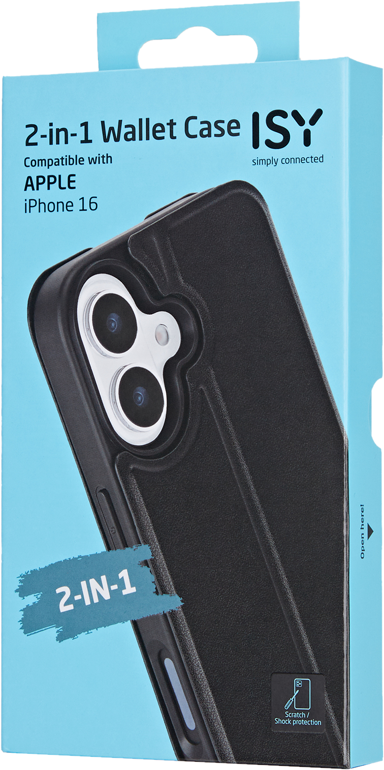 Étui portefeuille 2-en-1 compatible avec iPhone 16, couleur noire.