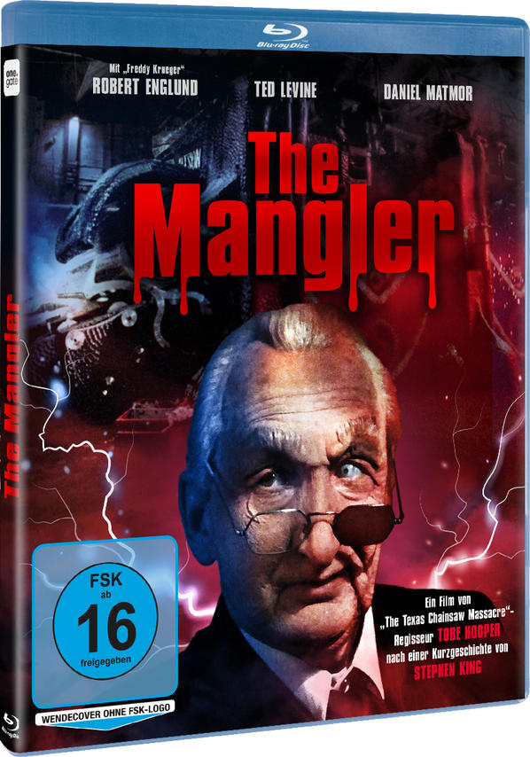 Ein Blu-ray-Filmcover mit dem Titel 'The Mangler' mit einem alten Mann und Blitzeffekten.