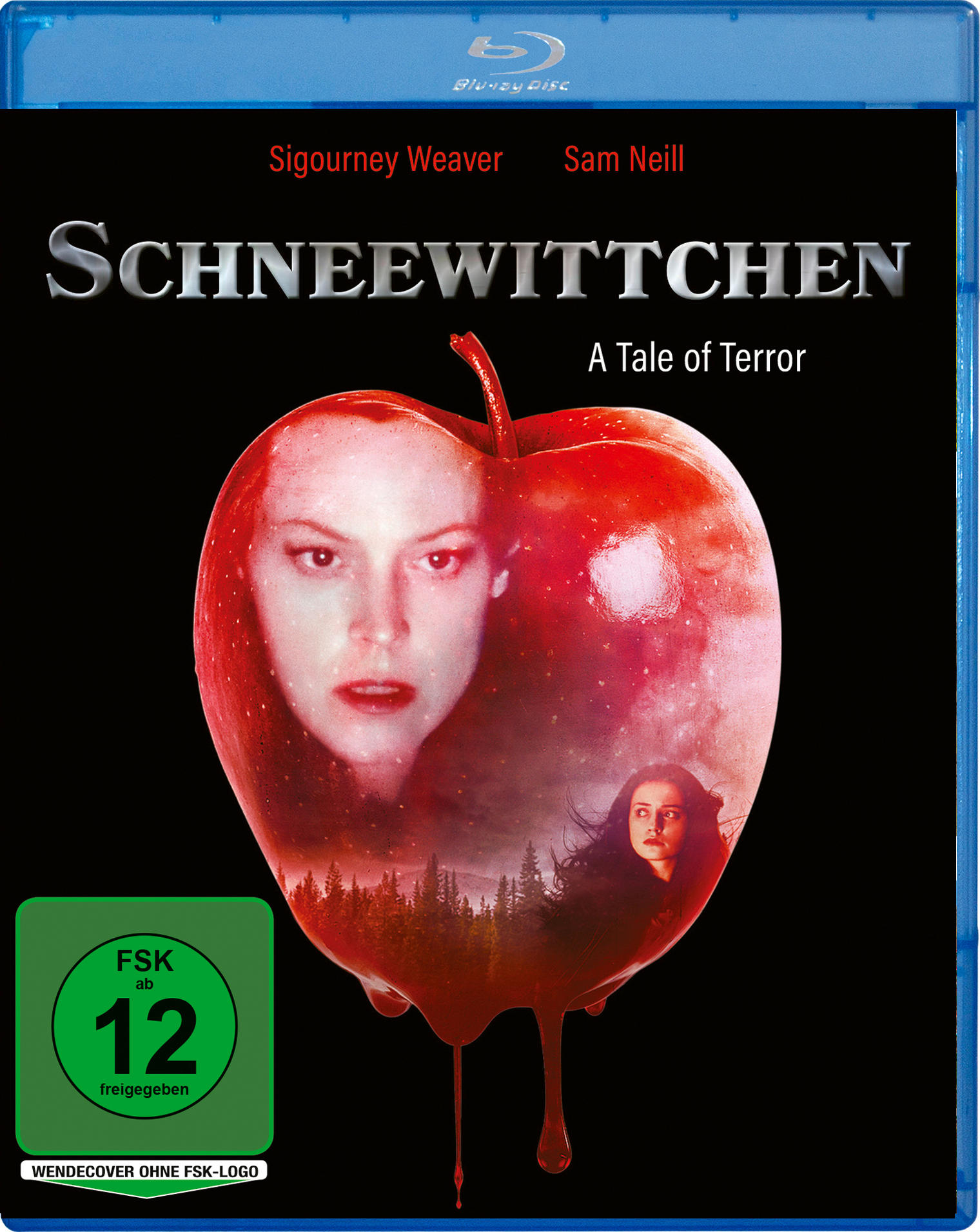 Blu-ray-Disc-Cover für 'Schneewittchen' mit Frauengesicht im Apfel. Enthält eine Bewertung.
